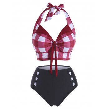 

Plus Size Checkered Tied Halter Mock Button Tankini Swimwear, Deep red