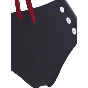 Plus Size Checkered Tied Halter Mock Button Tankini Swimwear