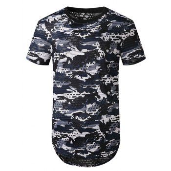 

Camouflage Print Mesh Patch Hole Curved T Shirt, Cadetblue