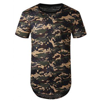 

Camouflage Print Mesh Patch Hole Curved T Shirt, Green