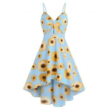 

Vacation Sunflower Print Sundress Spaghetti Strap Summer High Low A Line Dress, Light blue