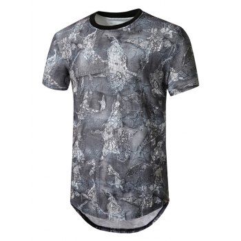 

Denim Patch Print Curved Longline T Shirt, Dark gray