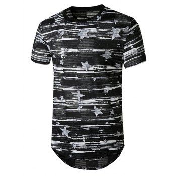 

Star Print Sheer Patch Hole Longline Curved T Shirt, Black