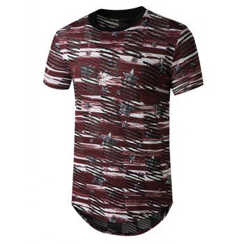 

Star Print Sheer Patch Hole Longline Curved T Shirt, Red