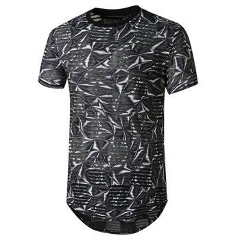 

Printed Mesh Patch Hole Crew Neck Curved T Shirt, Black