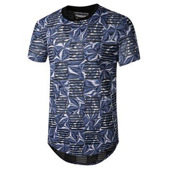 

Printed Mesh Patch Hole Crew Neck Curved T Shirt, Blue
