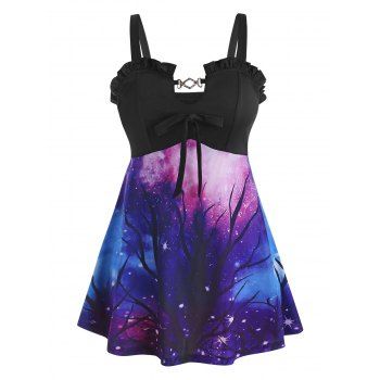 

Plus Size 3D Galaxy Print Ruffled Tank Top, Black