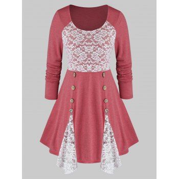 

Plus Size Flower Lace Panel Buttoned Long Sleeve Tee, Valentine red