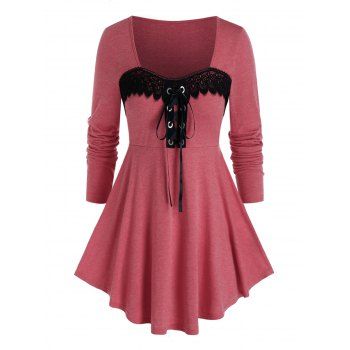 

Plus Size Eyelash Lace Panel Lace-up Long Sleeve Tee, Valentine red