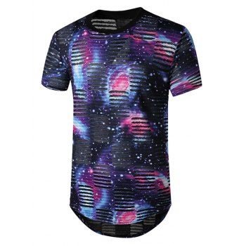 

Starry Print Mesh Patch Hole Longline Curved T Shirt, Blue