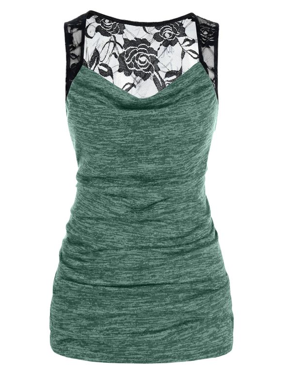 Débardeur Drapé Panneau en Dentelle Transparente Grande-Taille à Volants - Vert Tortue de Mer 5X