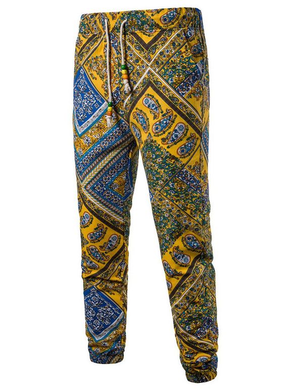 Pantalon de Jogging Tribal Cachemire Imprimé à Cordon - Jaune Clair XL