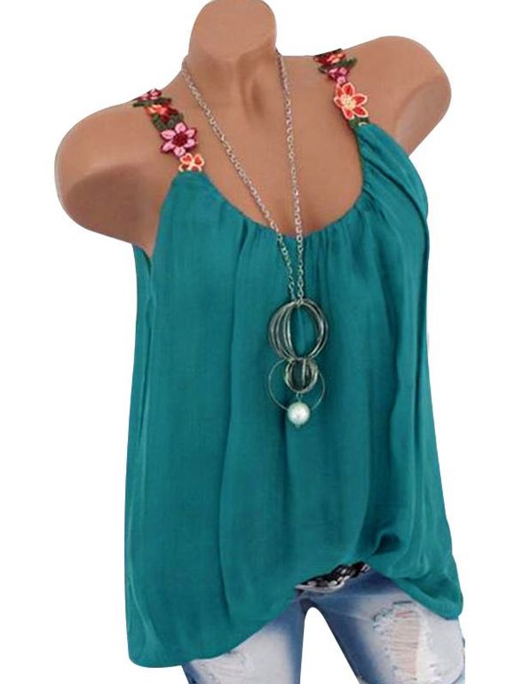 Flower Embroidered Pleated Tunic Tank Top - GREEN M