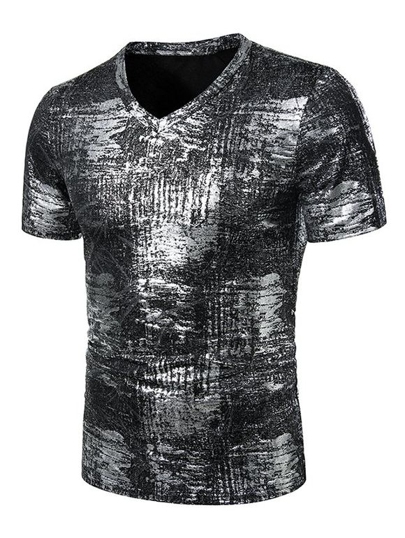 T-shirt Doré Imprimé Manches Courtes à Col V - Argent 2XL
