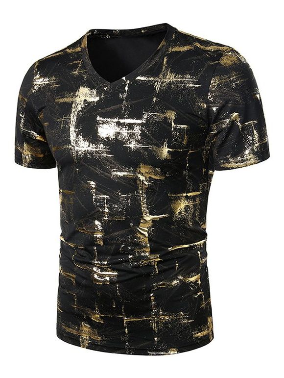 T-shirt Décontracté Doré Imprimé à Col V - d'or XL