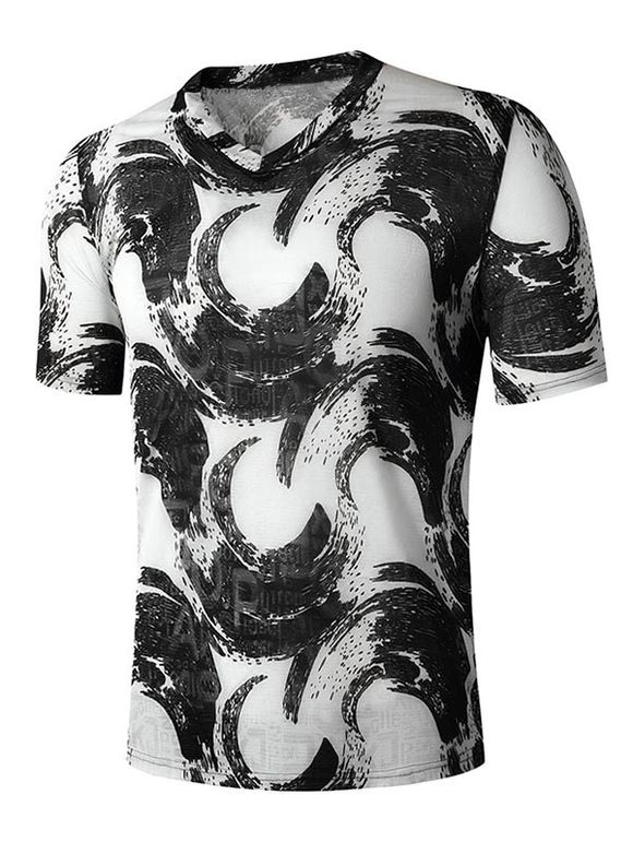 T-shirt Abstrait Imprimé Semi-Transparent à Col V - Noir XL