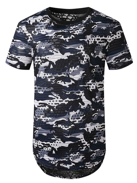 T-shirt Camouflage Imprimé en Maille Jointif avec Trou - Cadetblue S