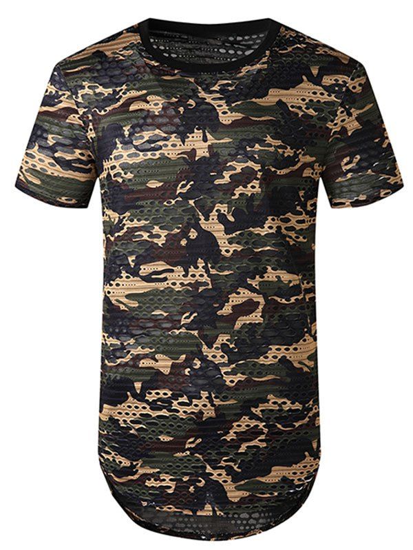 Camouflage Print Mesh Patch Hole Curved T Shirt - GREEN S