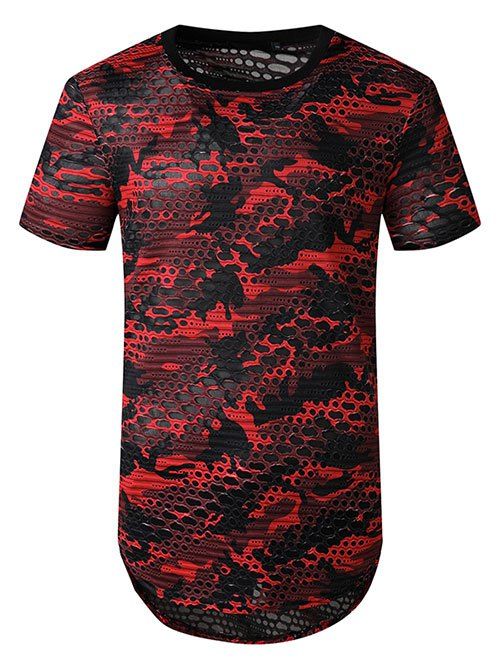 T-shirt Camouflage Imprimé en Maille Jointif avec Trou - Rouge S