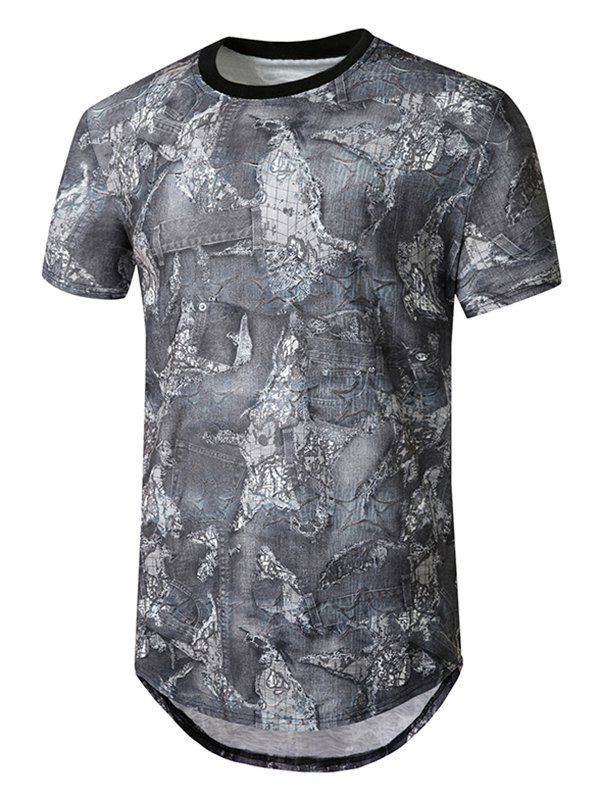 T-shirt Long Courbé Imprimé Jointif en Denim - Gris Foncé M