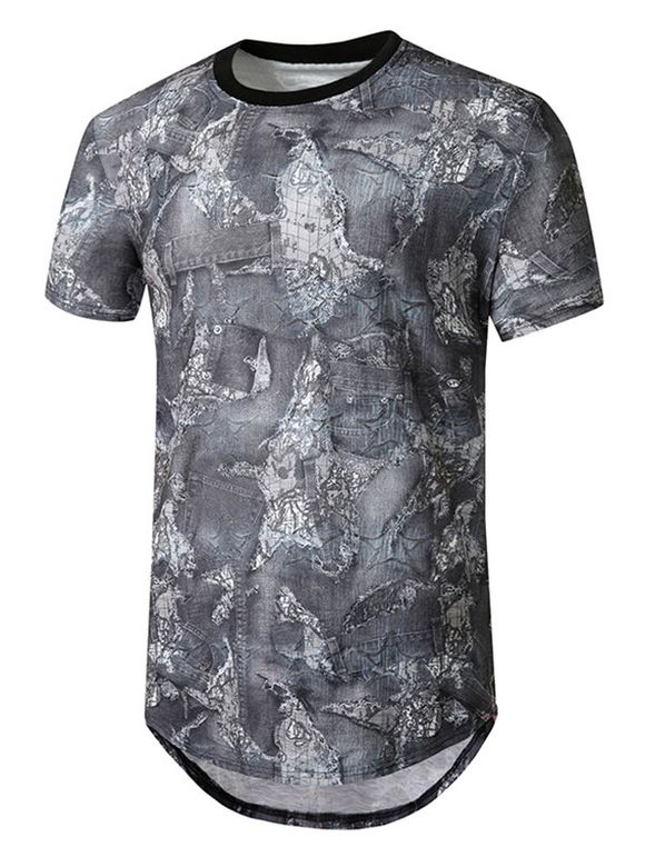 T-shirt Long Courbé Imprimé Jointif en Denim - Gris Foncé 2XL