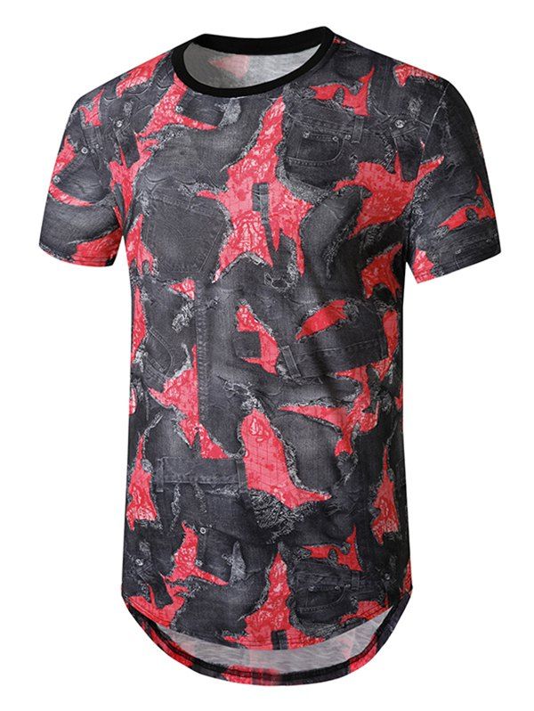 Denim Patch Print Curved Longline T Shirt - RED XL