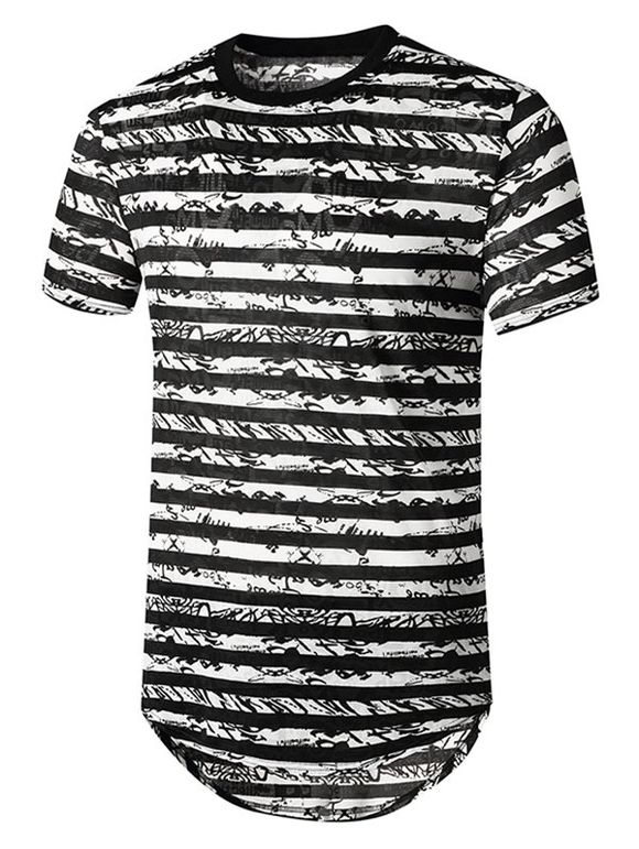 T-shirt Courbe Rayé Long Semi-Transparent - Noir 2XL
