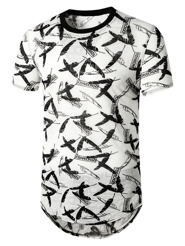 Feather Letter Print Semi Sheer Longline T Shirt - WHITE L