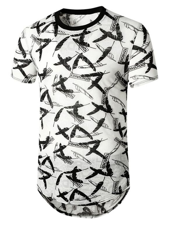 T-shirt Long Lettre et Plume Imprimés Semi-Transparent - Blanc XL