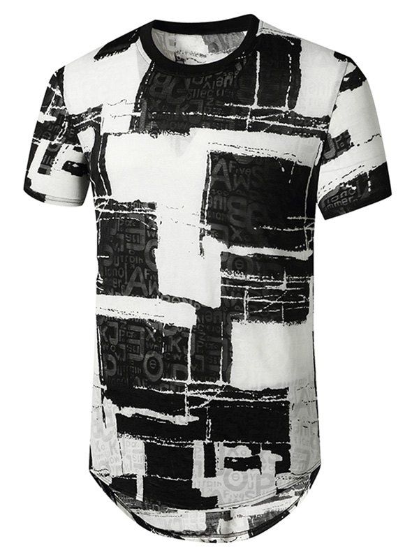 T-shirt Long Courbé Semi-transparent Motif de Lettre en Blocs de Couleurs - Noir S
