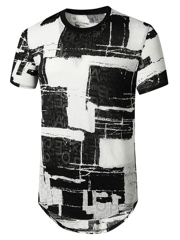 T-shirt Long Courbé Semi-transparent Motif de Lettre en Blocs de Couleurs - Noir XL