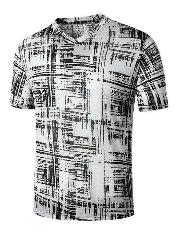 T-shirt Semi-transparent Imprimé Col V à Manches Courtes - Noir 2XL