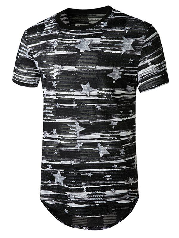 T-shirt Courbe Long Transparent Etoile Imprimé avec Trou Jointif - Noir S