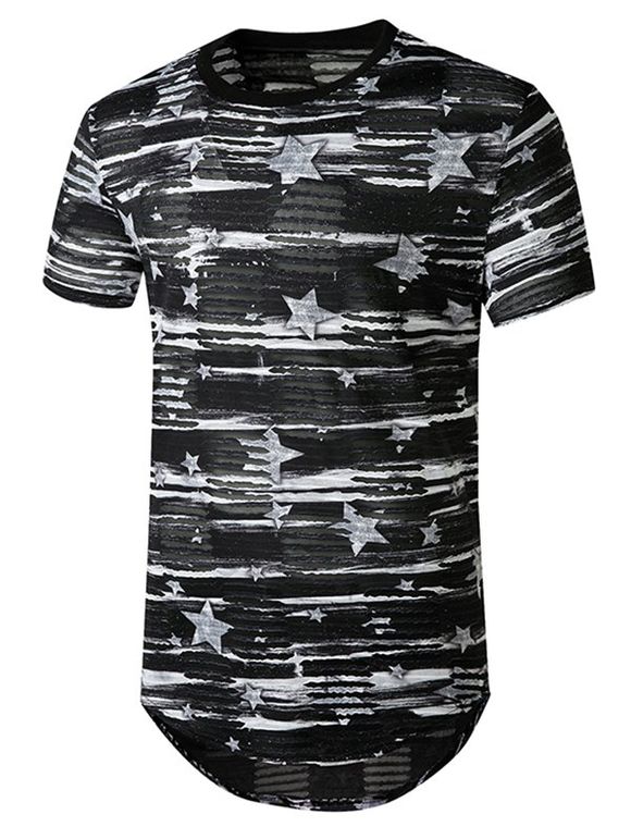 T-shirt Courbe Long Transparent Etoile Imprimé avec Trou Jointif - Noir 2XL