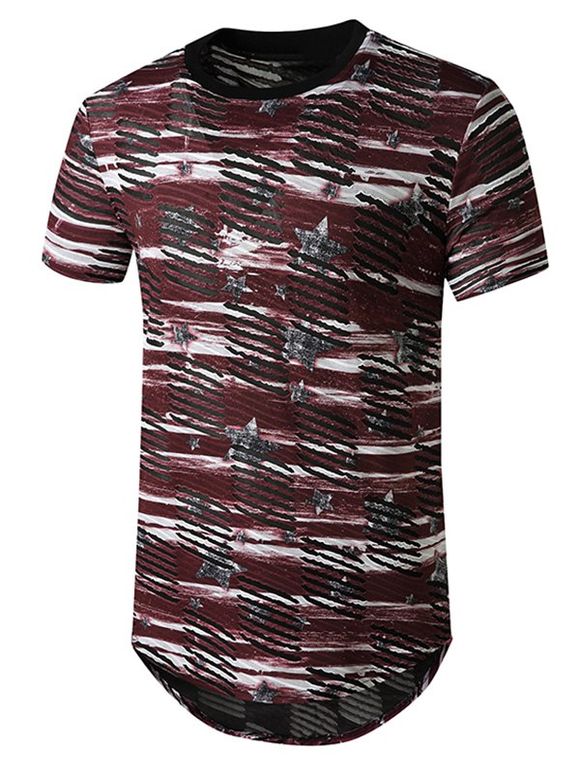 T-shirt Courbe Long Transparent Etoile Imprimé avec Trou Jointif - Rouge L