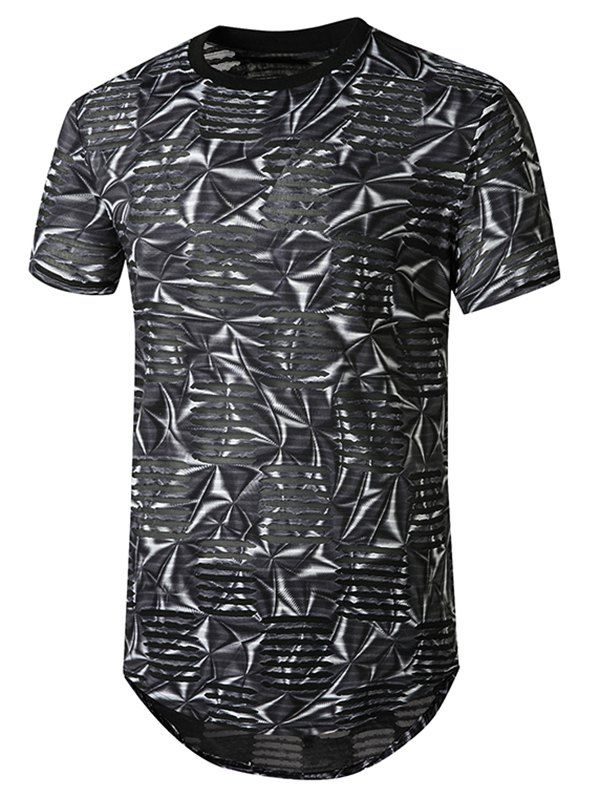 T-shirt Courbe Jointif en Maille Imprimé à Col Rond - Noir S