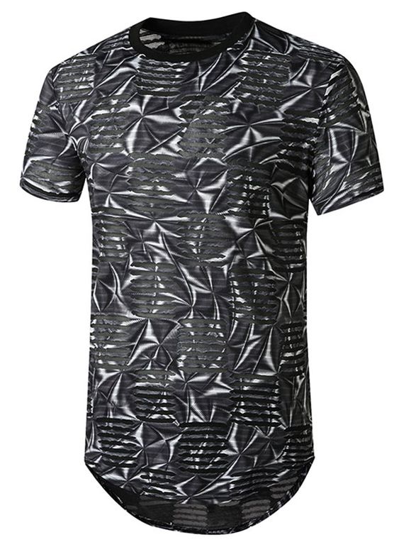 T-shirt Courbe Jointif en Maille Imprimé à Col Rond - Noir 2XL