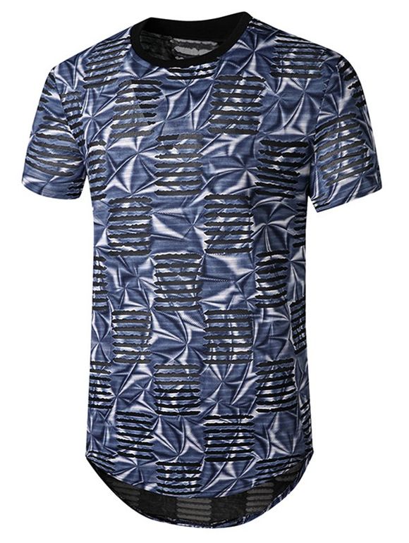 T-shirt Courbe Jointif en Maille Imprimé à Col Rond - Bleu XL