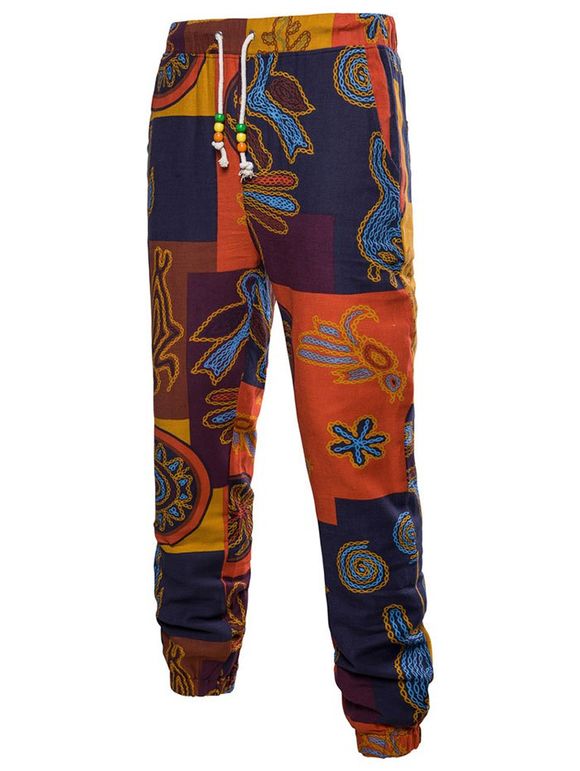 Pantalon de Jogging Tribal Imprimé en Blocs de Couleurs Jointif - Orange Papaye XL