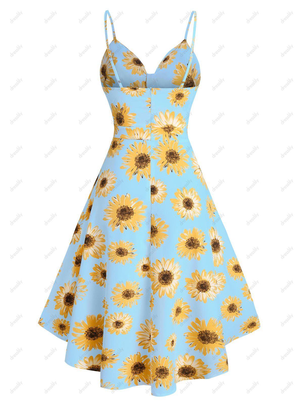 Vacation Sunflower Print Sundress Spaghetti Strap Summer High Low A Line Dress 
