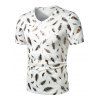 T-shirt Doré Plume Imprimée à Manches Courtes à Col V - Blanc 2XL