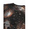 Starry Print Mesh Patch Hole Longline Curved T Shirt - BROWN XL