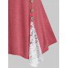 Plus Size Flower Lace Panel Buttoned Long Sleeve Tee - VALENTINE RED 5X