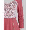 Plus Size Flower Lace Panel Buttoned Long Sleeve Tee - VALENTINE RED 5X
