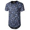 Printed Mesh Patch Hole Crew Neck Curved T Shirt - BLUE 2XL