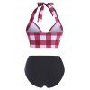 Plus Size Checkered Tied Halter Mock Button Tankini Swimwear - DEEP RED 4X