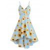 Vacation Sunflower Print Sundress Spaghetti Strap Summer High Low A Line Dress - LIGHT BLUE M