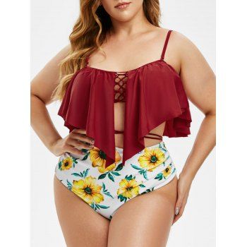 

Plus Size Lace Up Ruffled Floral Print Tankini Swimwear, Red wine