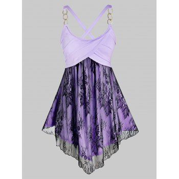 

Plus Size Chain Strap Lace Panel Cross Back Tank Top, Light purple