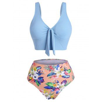 

Tropical Flower Ribbed Tied High Waisted Tankini Swimwear, Multicolor